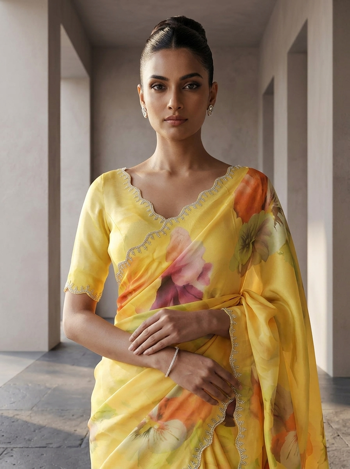 Yellow Satin Floral Printed Saree