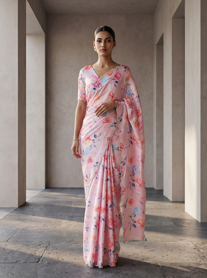 Baby Pink Satin Heavy Floral Printed Saree
