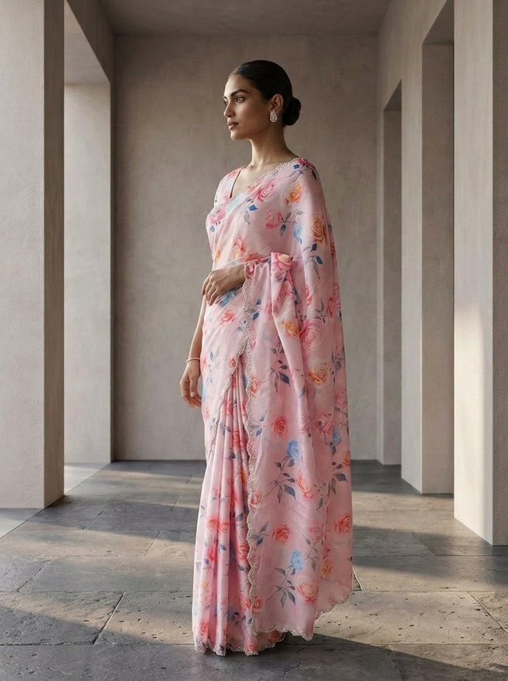 Baby Pink Satin Heavy Floral Printed Saree