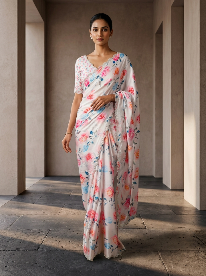 Off White Satin Heavy Floral Printed Saree
