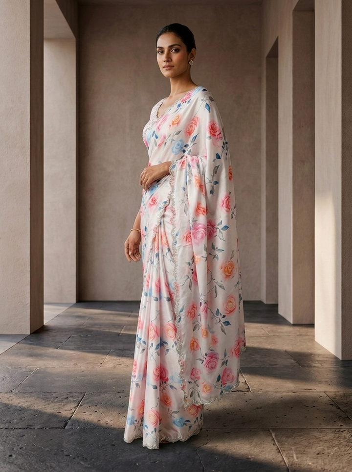 Off White Satin Heavy Floral Printed Saree