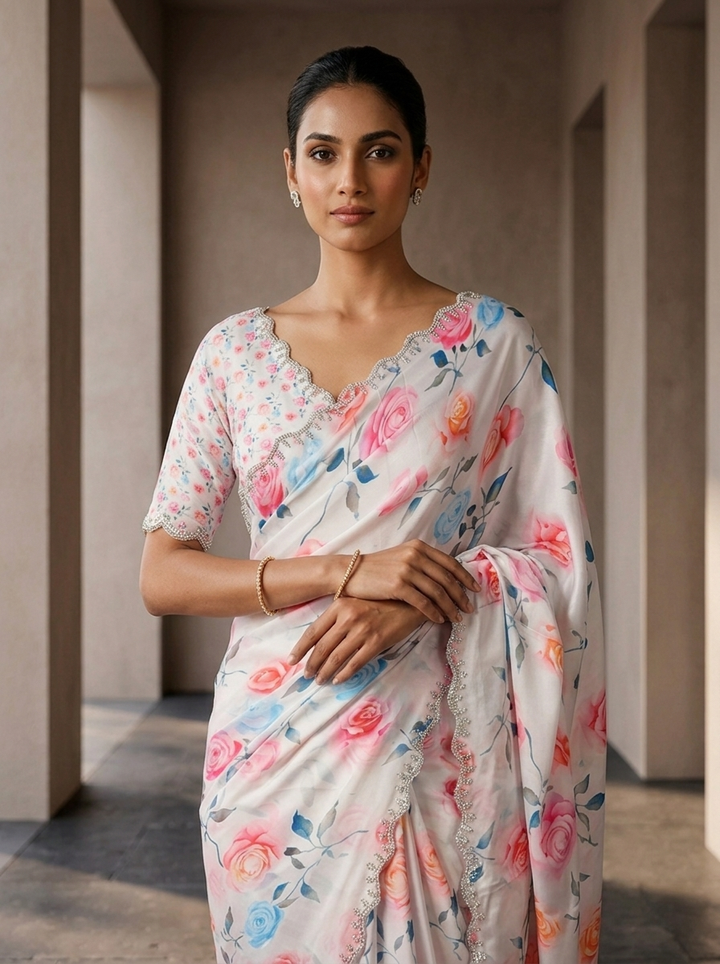 Off White Satin Heavy Floral Printed Saree