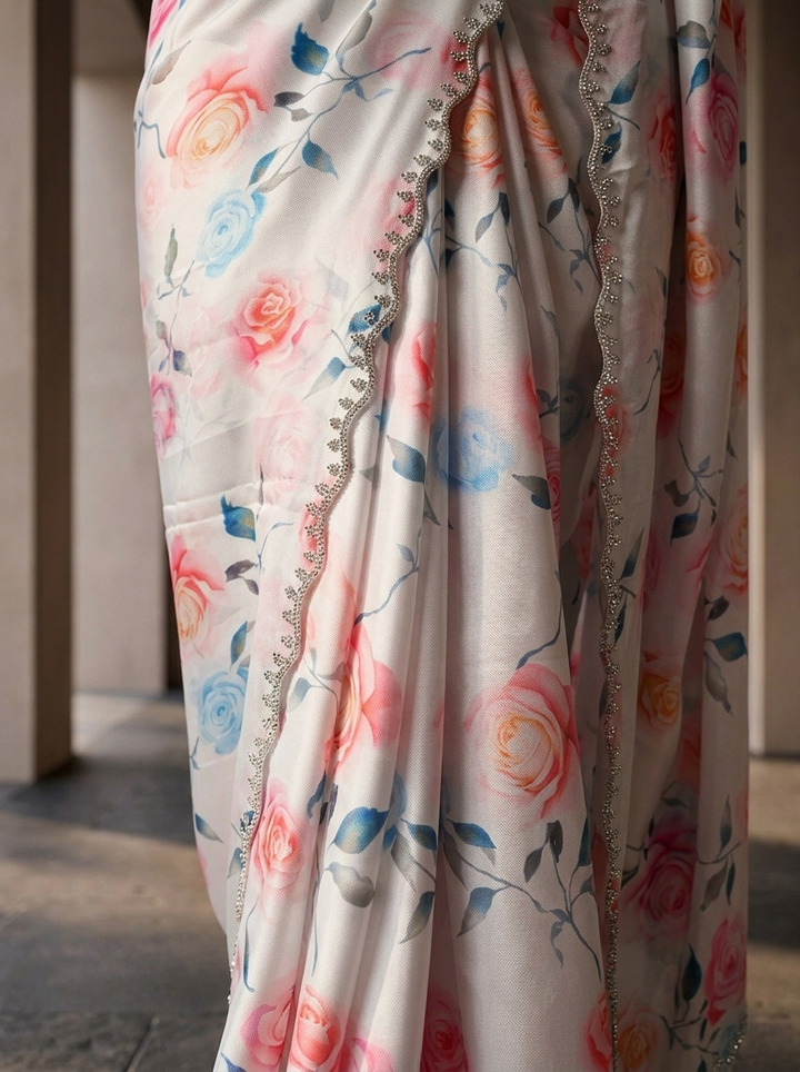 Off White Satin Heavy Floral Printed Saree