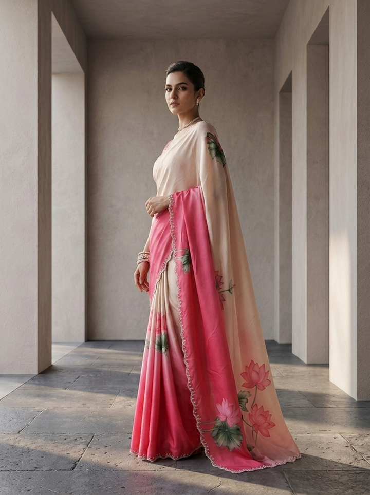 Pink And White Satin Printed Saree