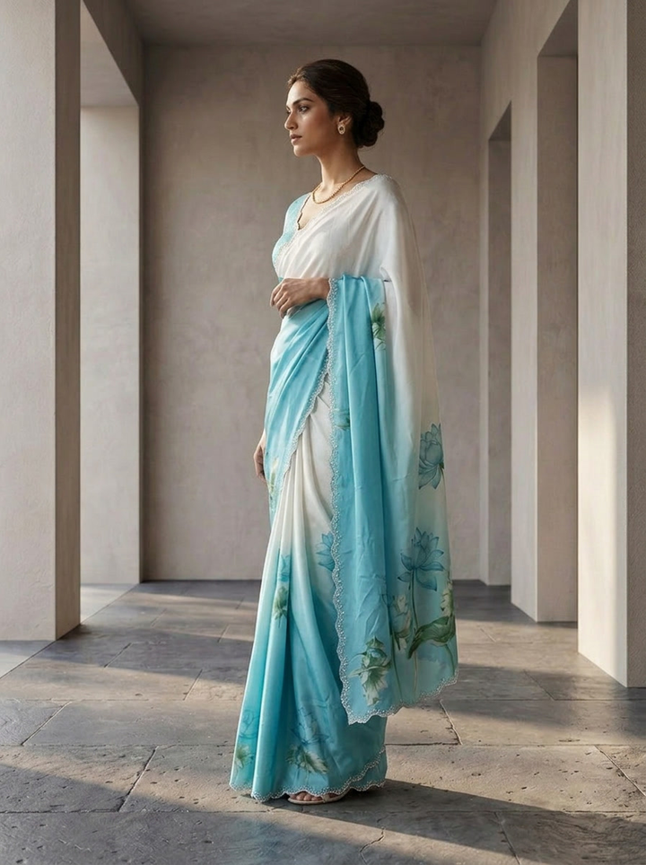 Blue And White Satin Printed Saree