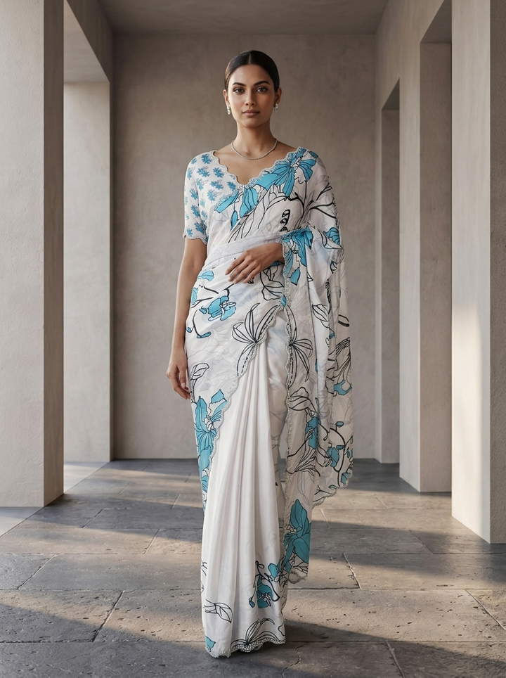 Sky Blue Satin Floral Printed Saree
