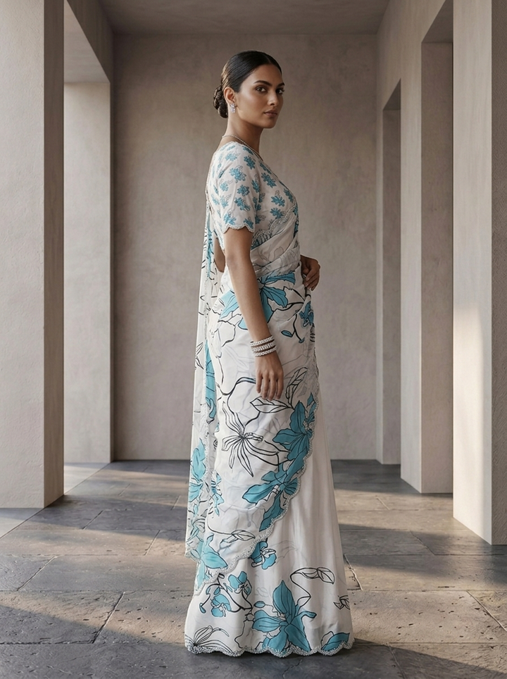 Sky Blue Satin Floral Printed Saree