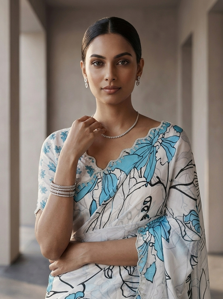 Sky Blue Satin Floral Printed Saree