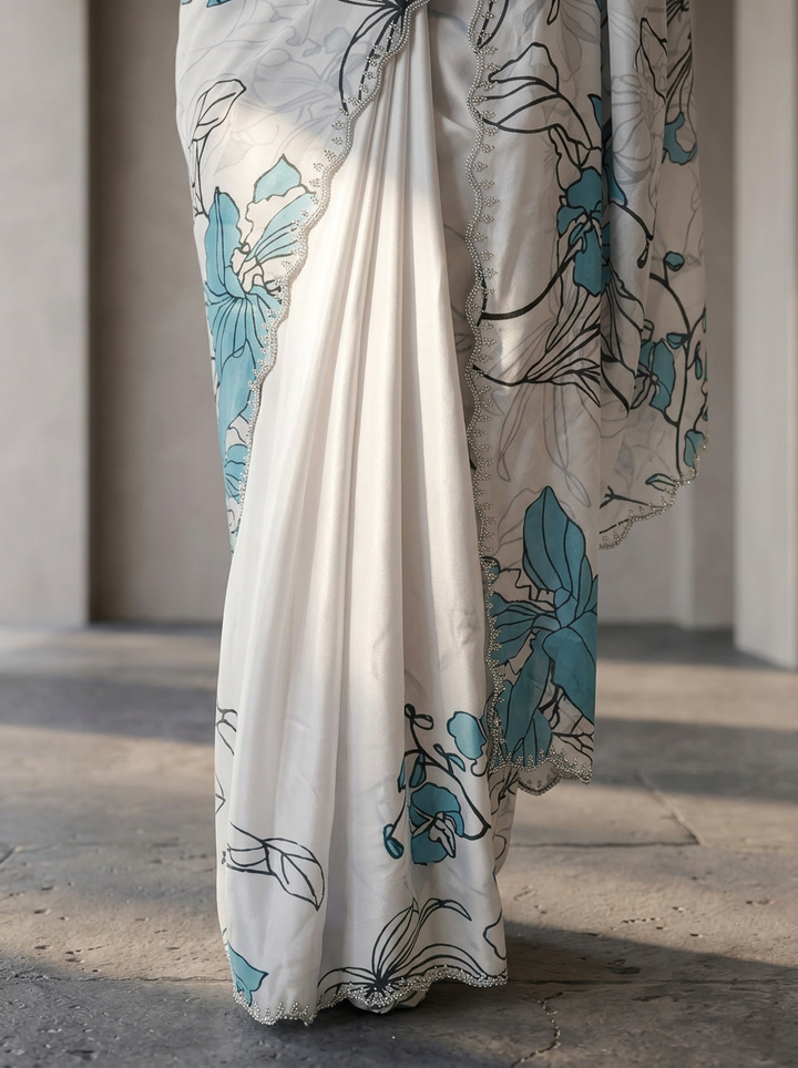 Sky Blue Satin Floral Printed Saree