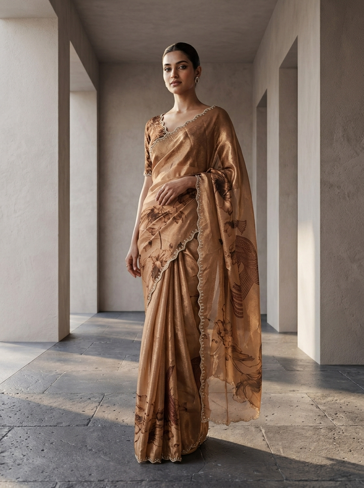 Brown Satin Floral Printed Saree