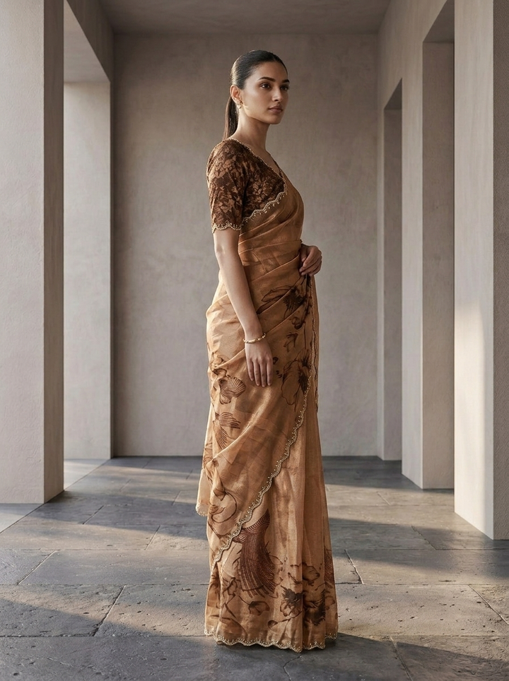 Brown Satin Floral Printed Saree