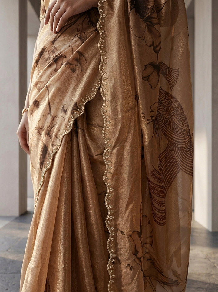 Brown Satin Floral Printed Saree