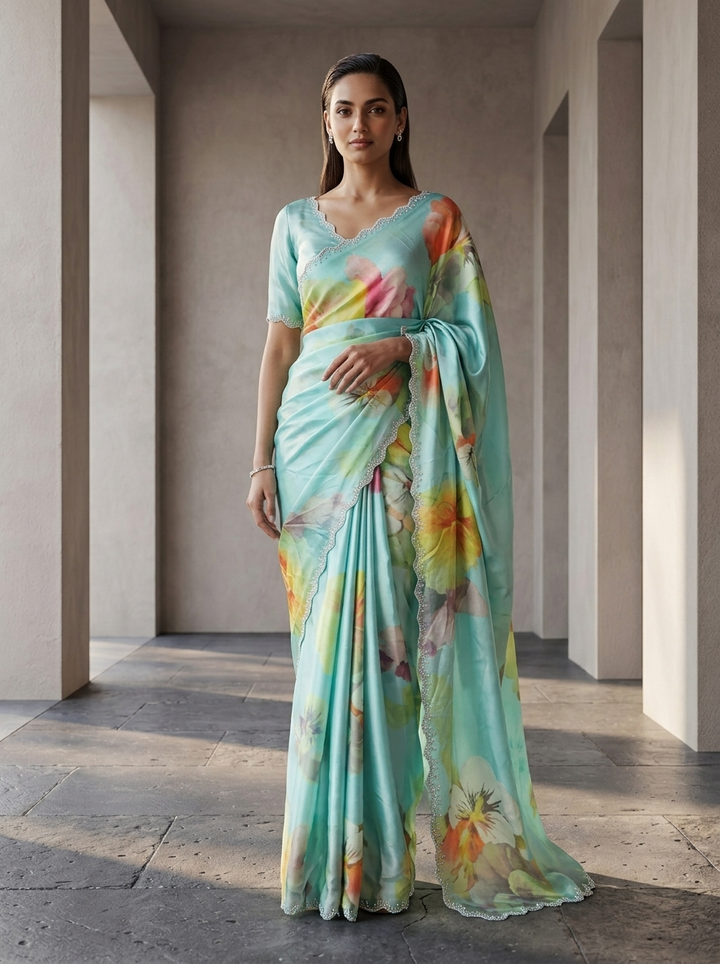 Sea Green Satin Floral Printed Saree