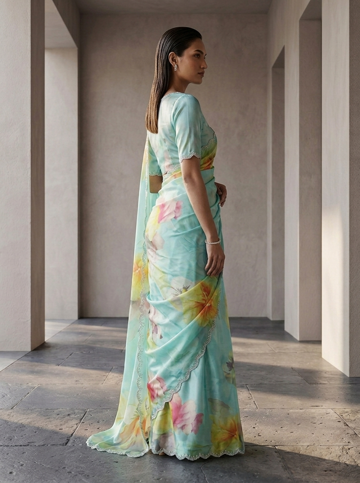 Sea Green Satin Floral Printed Saree