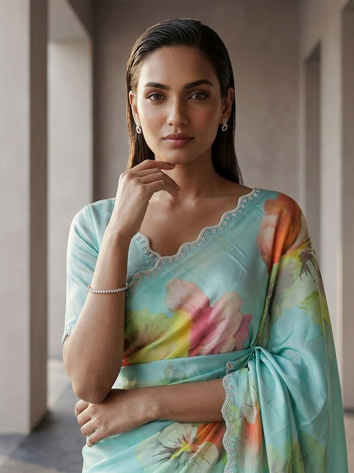Sea Green Satin Floral Printed Saree