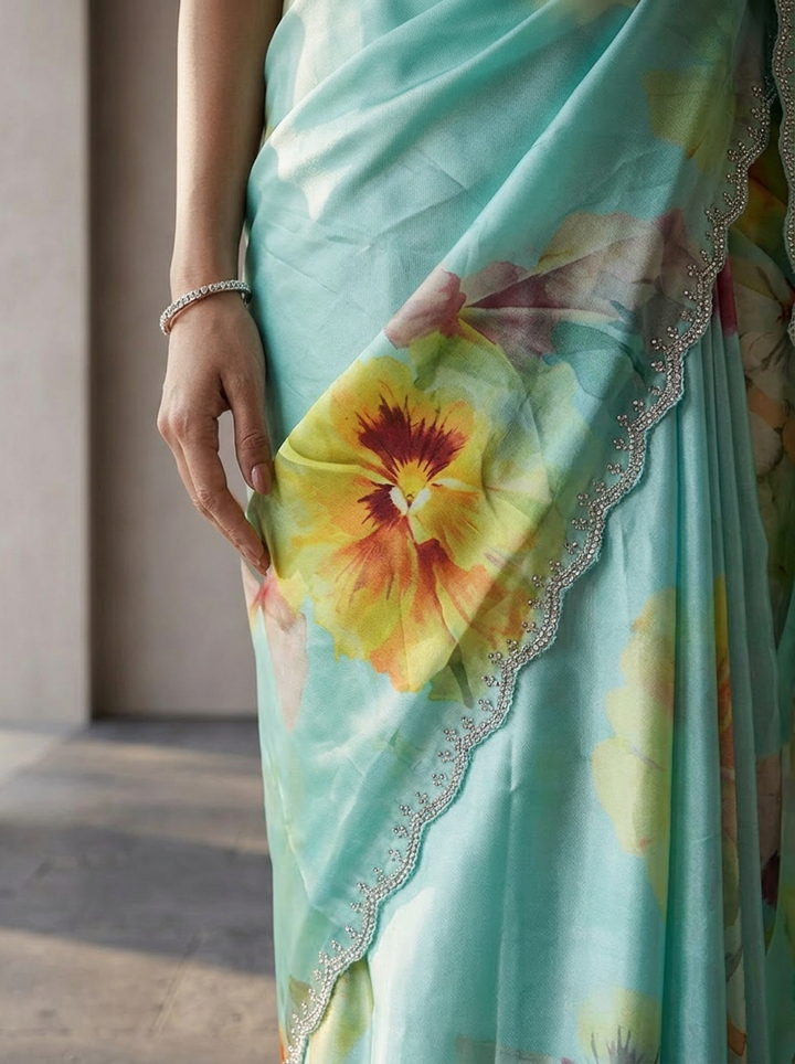 Sea Green Satin Floral Printed Saree