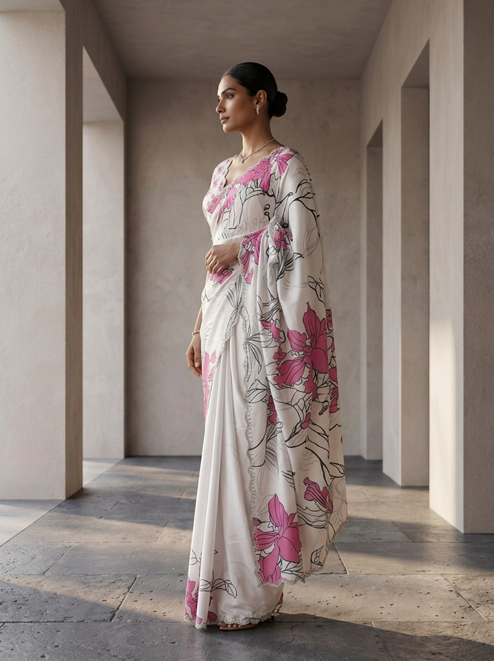 Pink Satin Floral Printed Saree