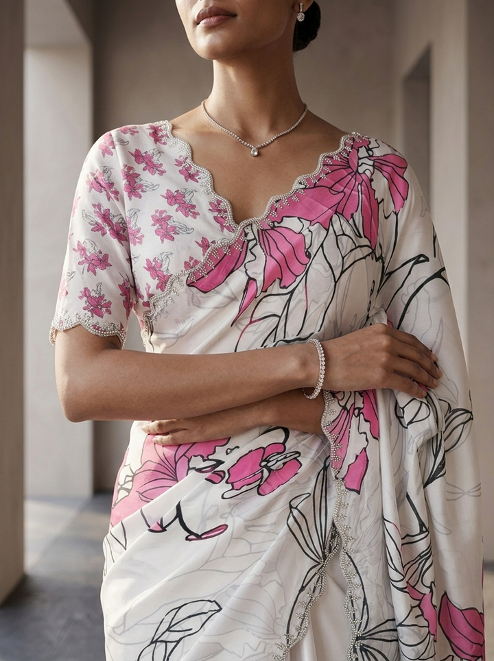Pink Satin Floral Printed Saree