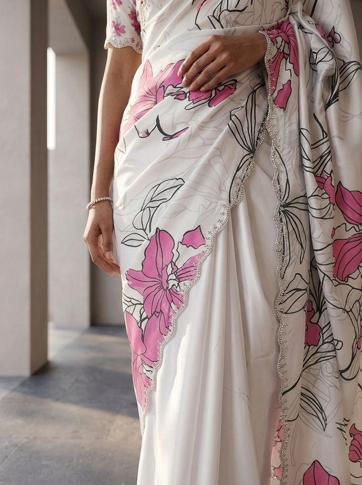 Pink Satin Floral Printed Saree