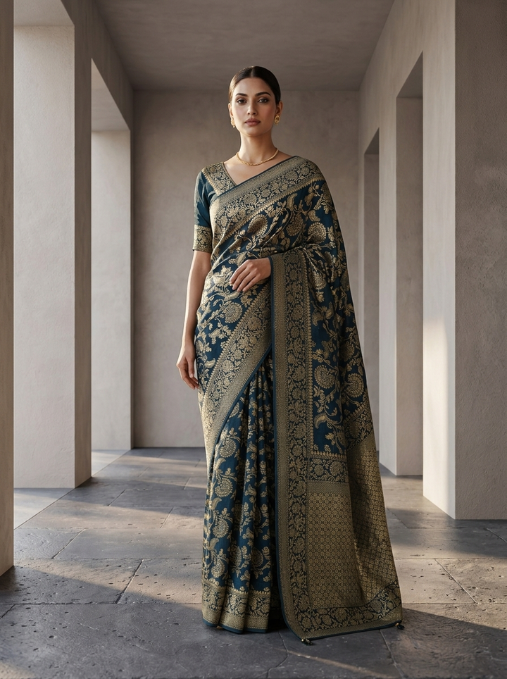 Peacock Banaras Weaved Saree With Floral Design