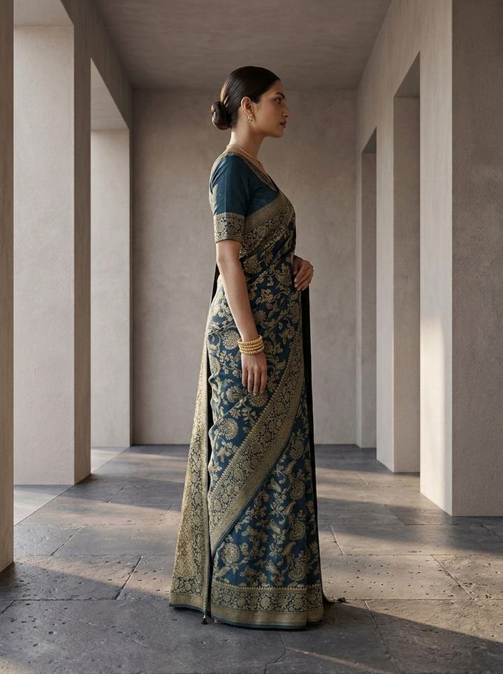 Peacock Banaras Weaved Saree With Floral Design