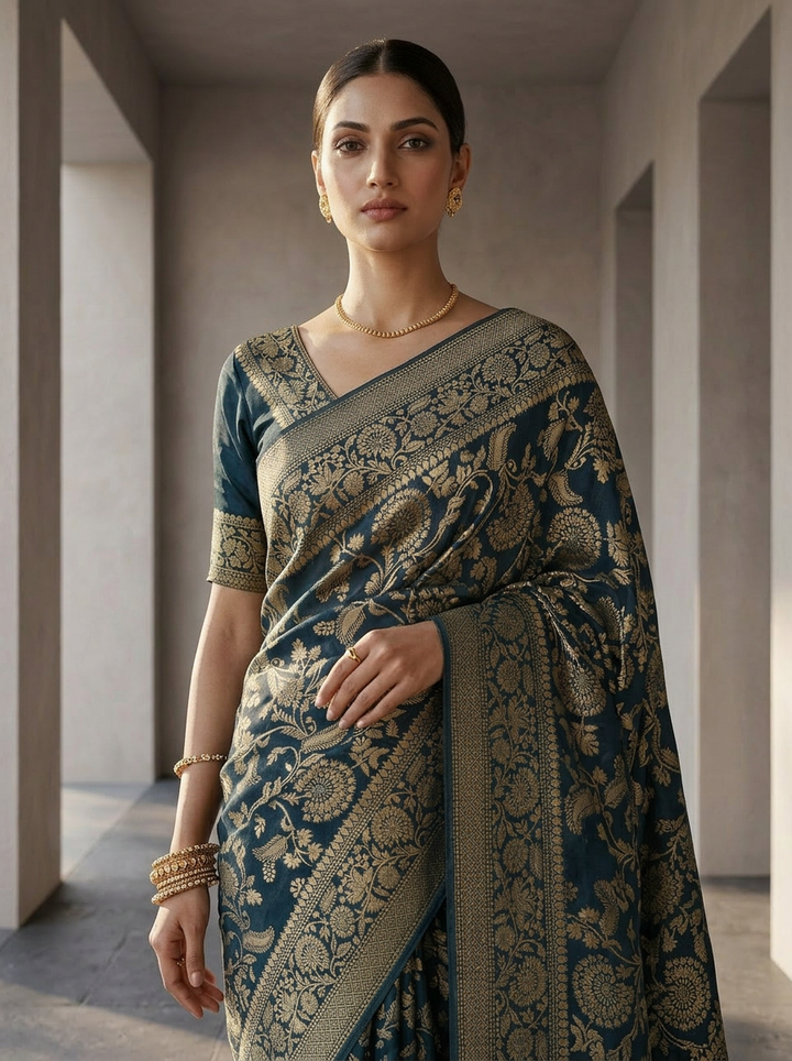 Peacock Banaras Weaved Saree With Floral Design