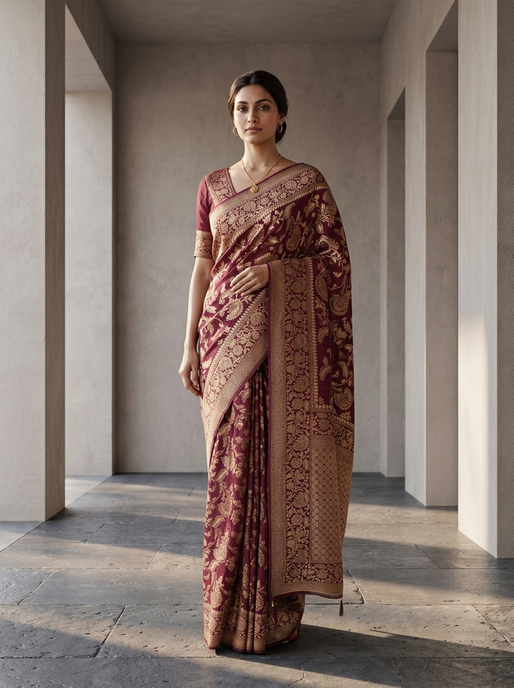 Wine Banaras Weaved Saree With Floral Design
