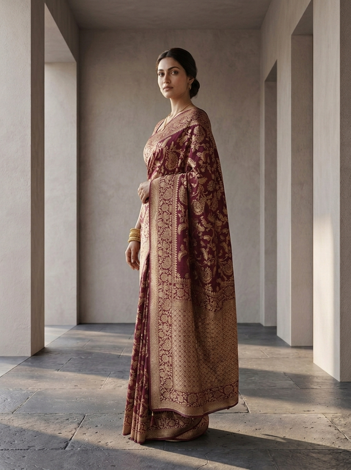 Wine Banaras Weaved Saree With Floral Design
