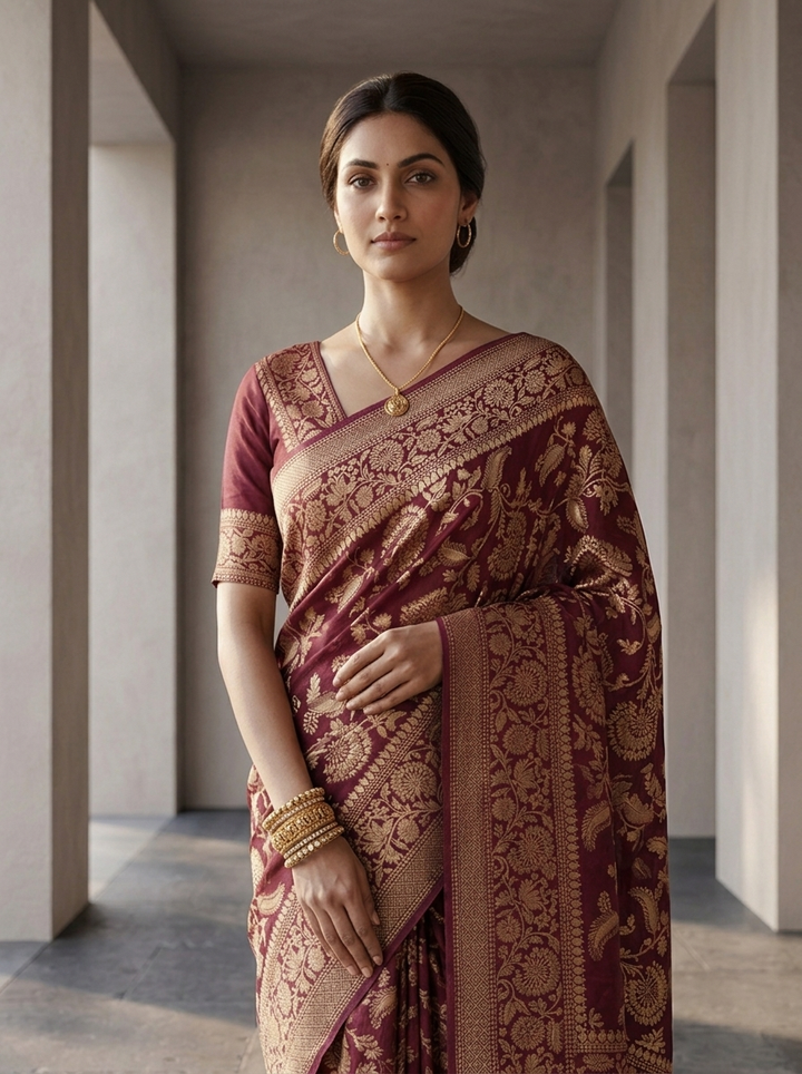 Wine Banaras Weaved Saree With Floral Design