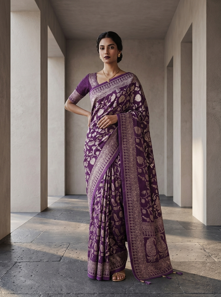 Purple Banaras Weaved Saree With Floral Design
