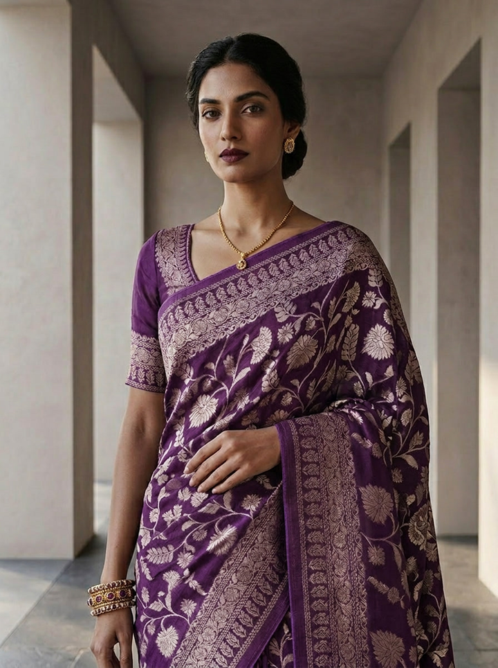 Purple Banaras Weaved Saree With Floral Design