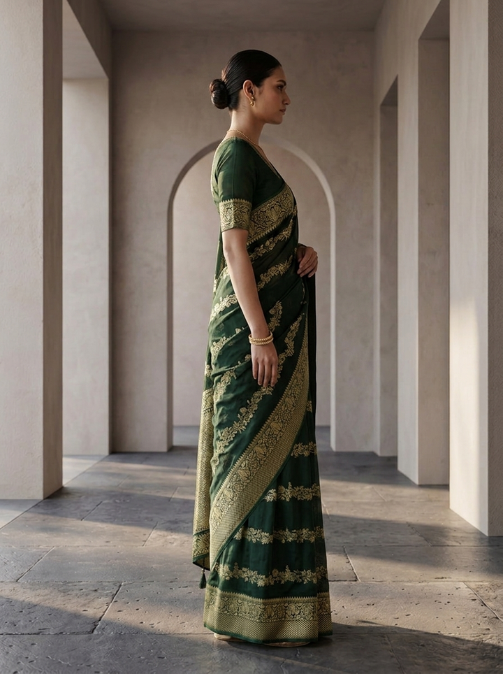 Bottle Green Banaras Weaved Saree