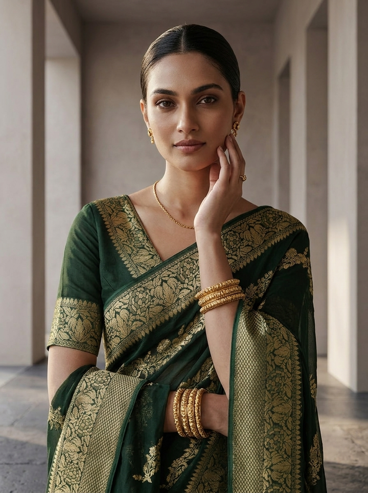 Bottle Green Banaras Weaved Saree