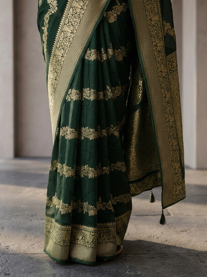 Bottle Green Banaras Weaved Saree