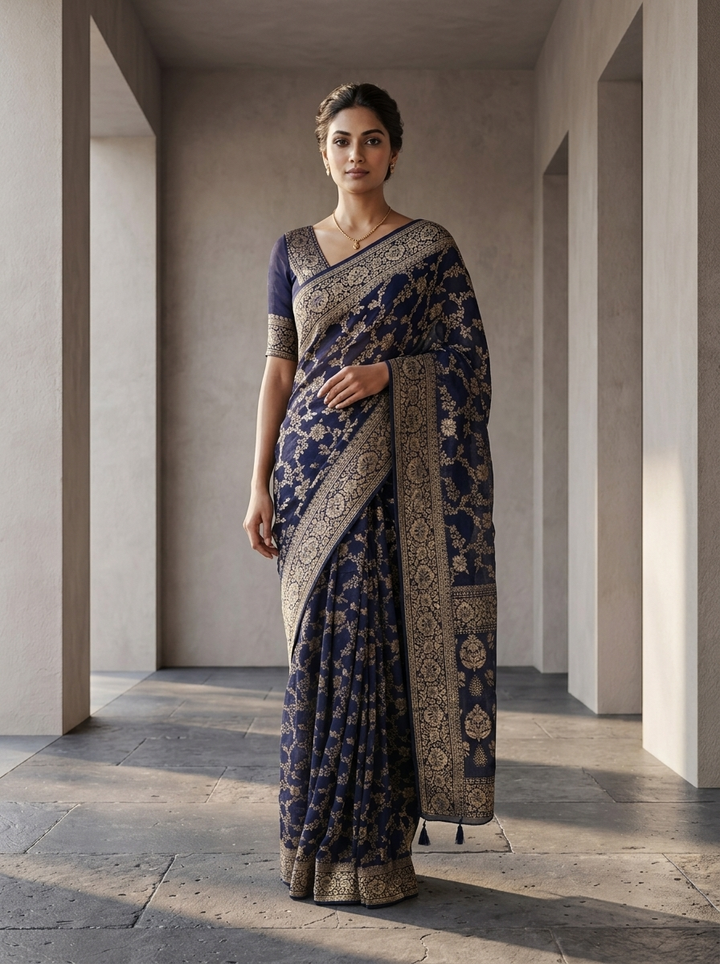 Navy Blue Banaras Floral Design Weaved Saree