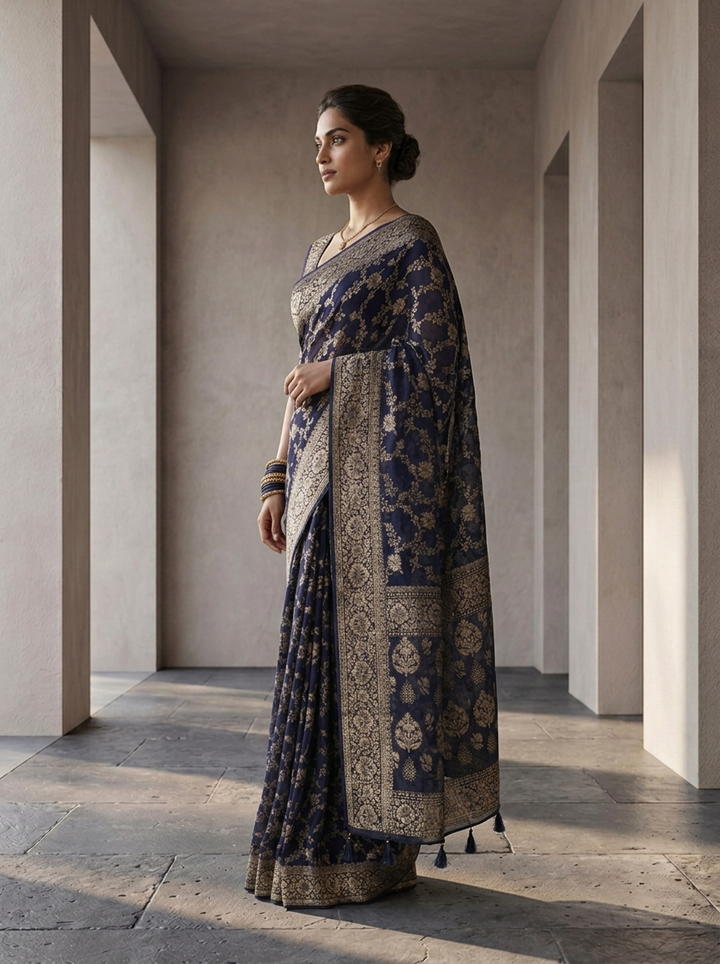 Navy Blue Banaras Floral Design Weaved Saree