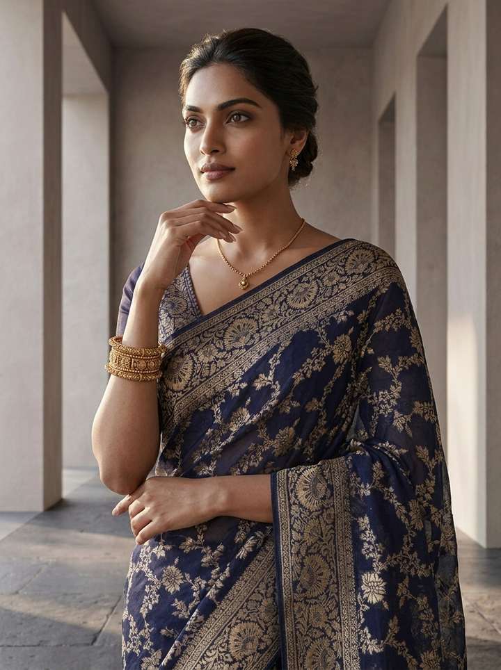 Navy Blue Banaras Floral Design Weaved Saree