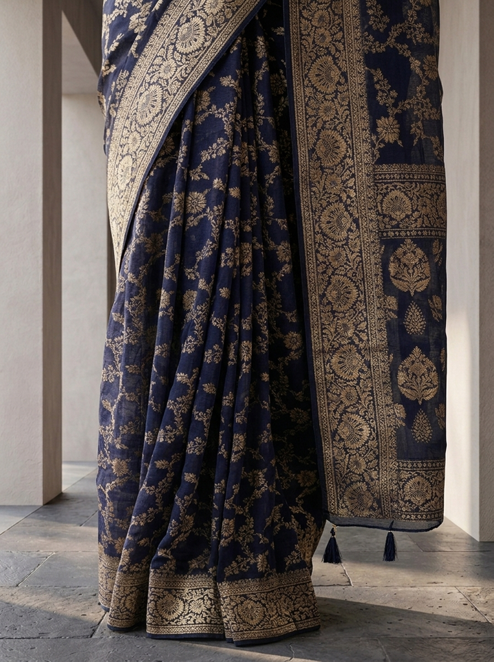 Navy Blue Banaras Floral Design Weaved Saree