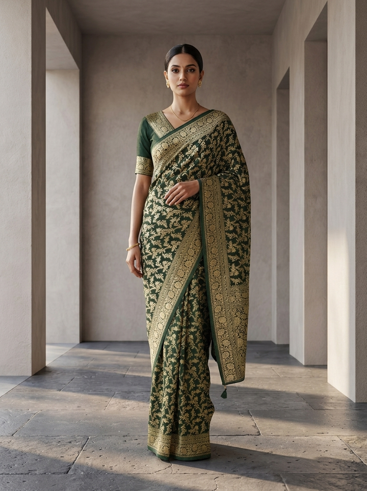 Bottle Green Banaras Saree With Heavy Floral Design
