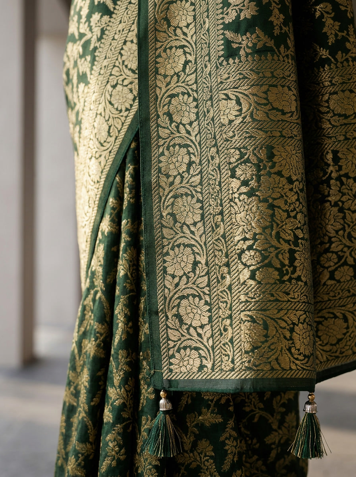 Bottle Green Banaras Saree With Heavy Floral Design