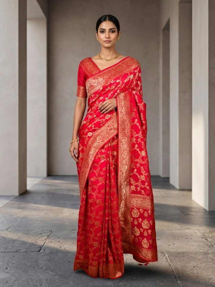 Rani Pink Banaras Floral Design Weaved Saree
