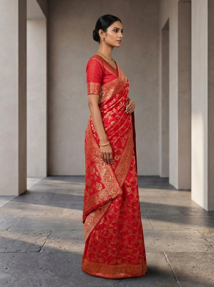 Rani Pink Banaras Floral Design Weaved Saree