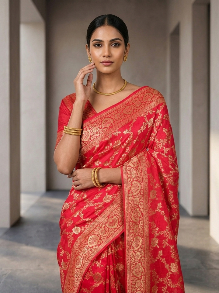 Rani Pink Banaras Floral Design Weaved Saree
