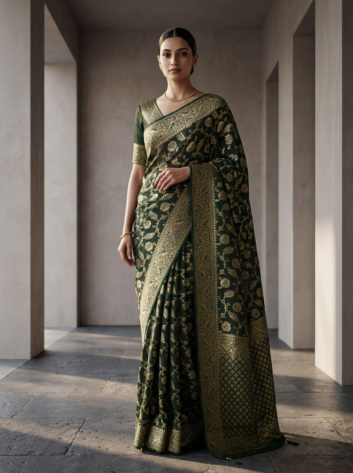 Bottle Green Banaras Weaved Floral Design Saree