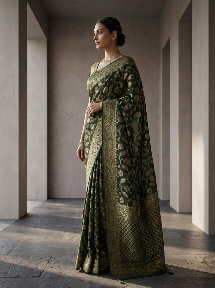 Bottle Green Banaras Weaved Floral Design Saree