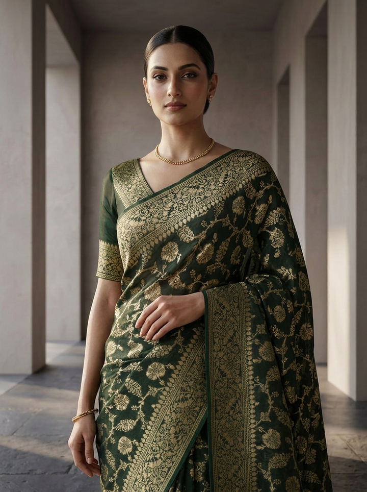 Bottle Green Banaras Weaved Floral Design Saree