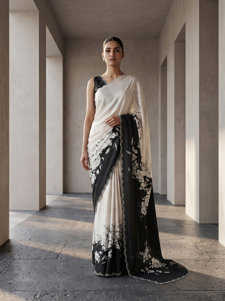 Black And White Satin Heavy Floral Printed Saree