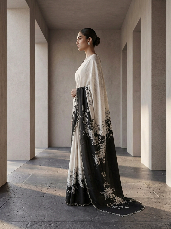 Black And White Satin Heavy Floral Printed Saree