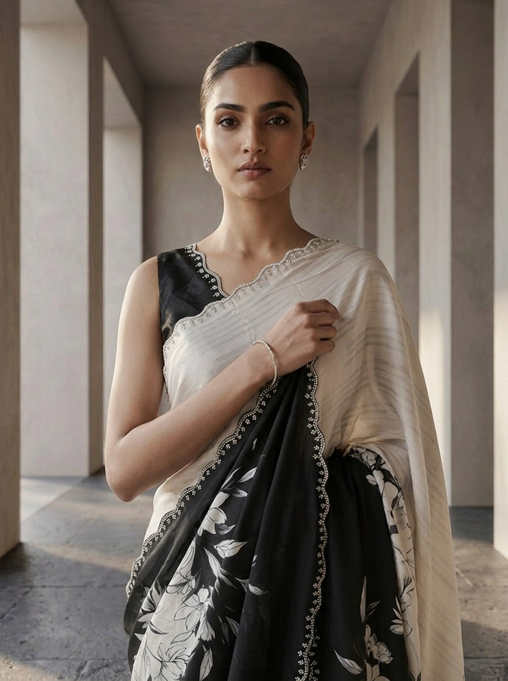 Black And White Satin Heavy Floral Printed Saree