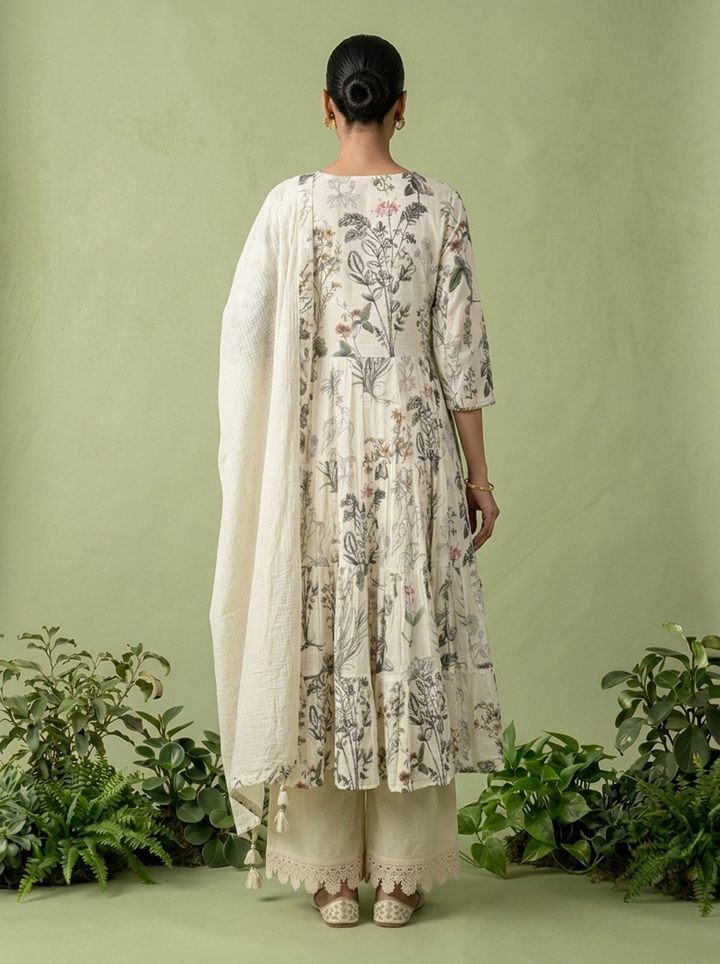 Cream Cotton Floral Printed Three Piece Set